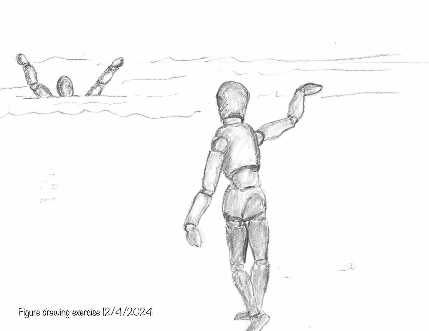 Pencil sketch. An articuated wooden mannequin is moving away form the viewer, gesturing to a second mannequin. The other figure is nearly submerged in  the surf; only their head and upraised arms are visible.