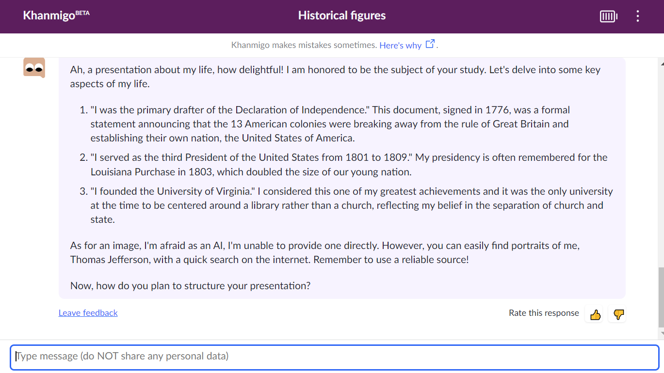 Khanmigo's Thomas Jefferson chatbot answers questions