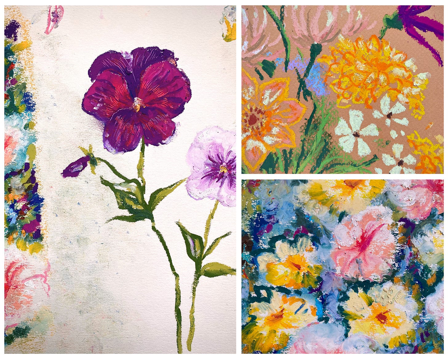 A photo collage of close up shots of oil pastel drawings, all of floral still lifes.