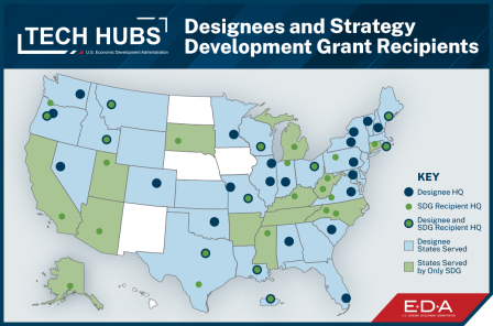 Graphic showing the locations in the US of the Tech Hubs Designees and Strategy Development Grant (SDG) Recipients