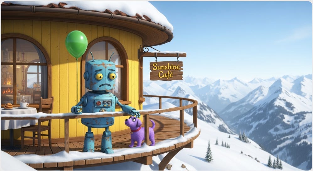 Whisk image of a robot and a purple dog with a green balloon