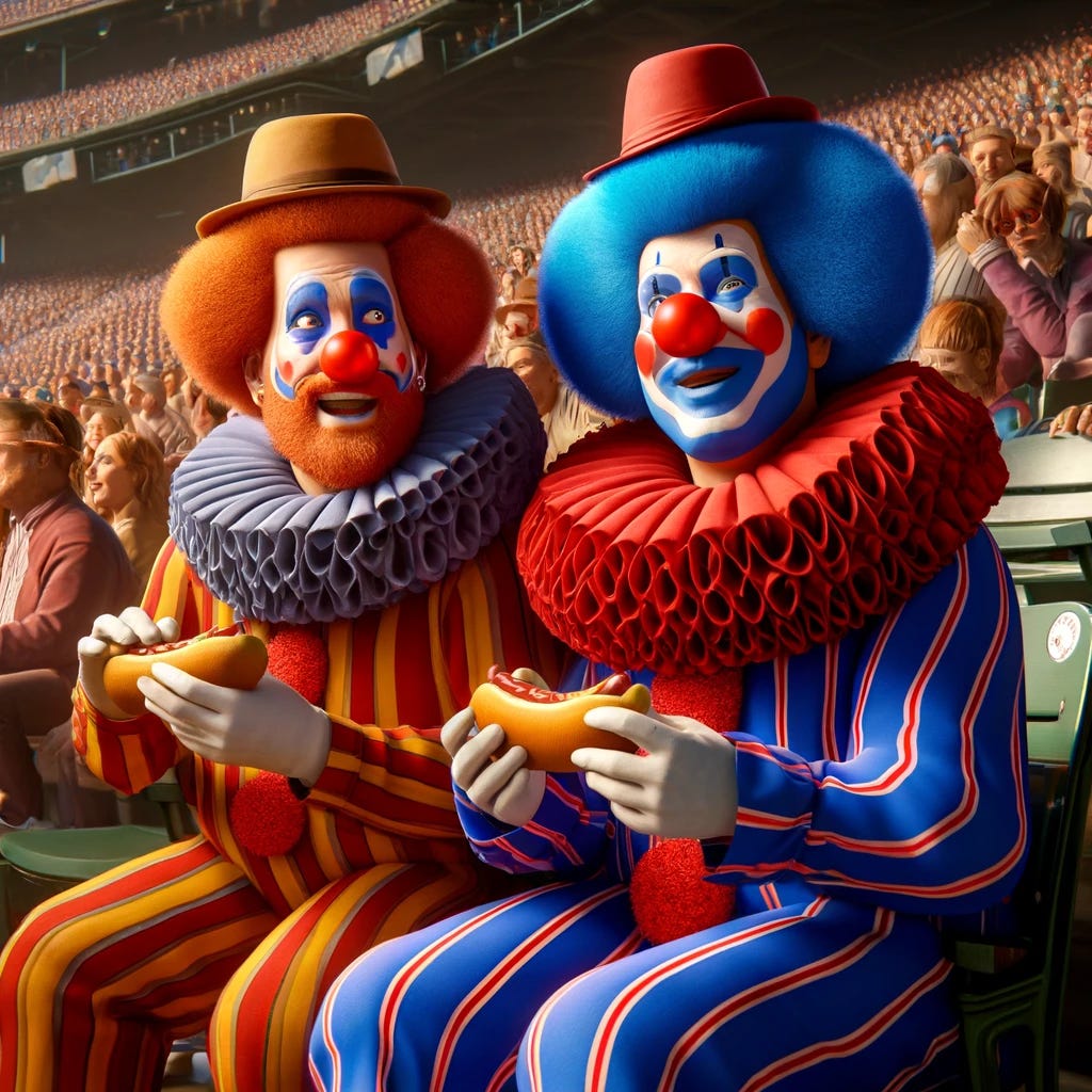 A photorealistic image of two circus clowns in full costume and makeup, sitting side by side at a baseball game. They are enjoying the game, with one clown wearing a bright red wig and a large red nose, the other sporting a blue wig and a matching blue nose. Their costumes are colorful and elaborate, complete with ruffled collars and oversized shoes. The background shows a crowded baseball stadium with fans cheering, capturing a sunny day. The clowns are engaged in the game, one holding a hot dog, the other with a drink, sharing a joyful moment.