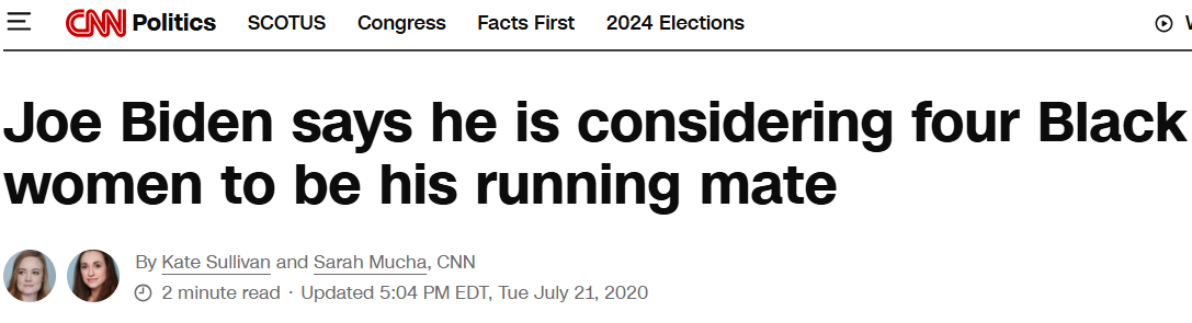 The exacting criteria Kuntala Harris had to meet in order to become Vice President: be black — sorry “Black” (blessings be upon them) — and a woman. CNN headline from 2020.