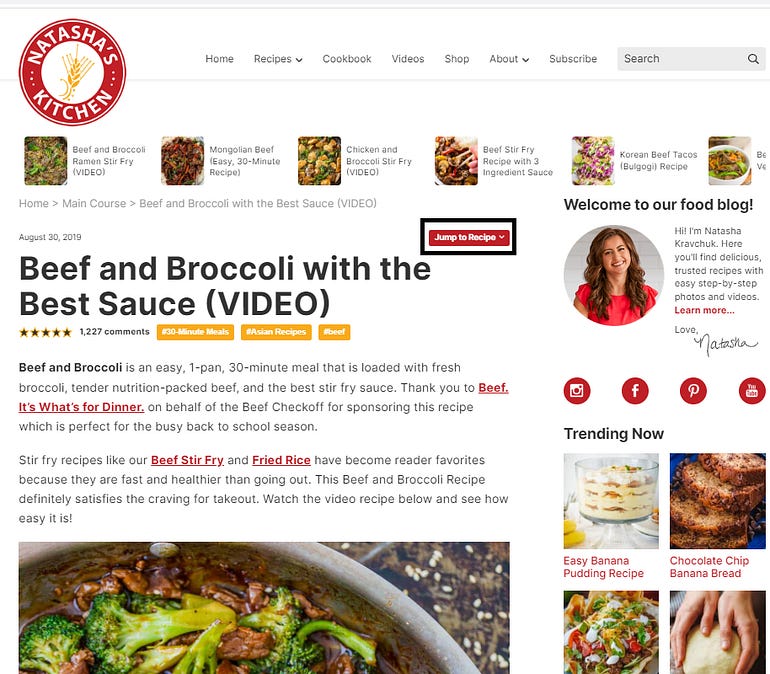 A recipe for Beef and Broccoli, which includes ads, descriptions, and tons and tons of writing to fit in adds. The actual recipe is approximately 6 full screens down.