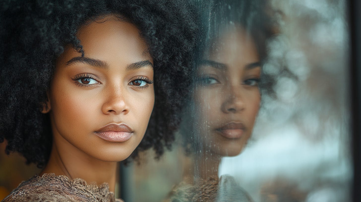 A portrait of an African American woman with natural hair, looking at the camera in front of her mother's reflection on glass, both dressed elegantly. The background is blurred to emphasize their faces and expressions.