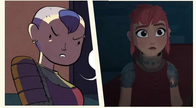 A side-by-side comparison of a comic frame and a movie screencap from the scene of the verbal confrontation. Comic!Nimona is show more guarded and harsh, while movie!Nimona is more lost and vulnerable