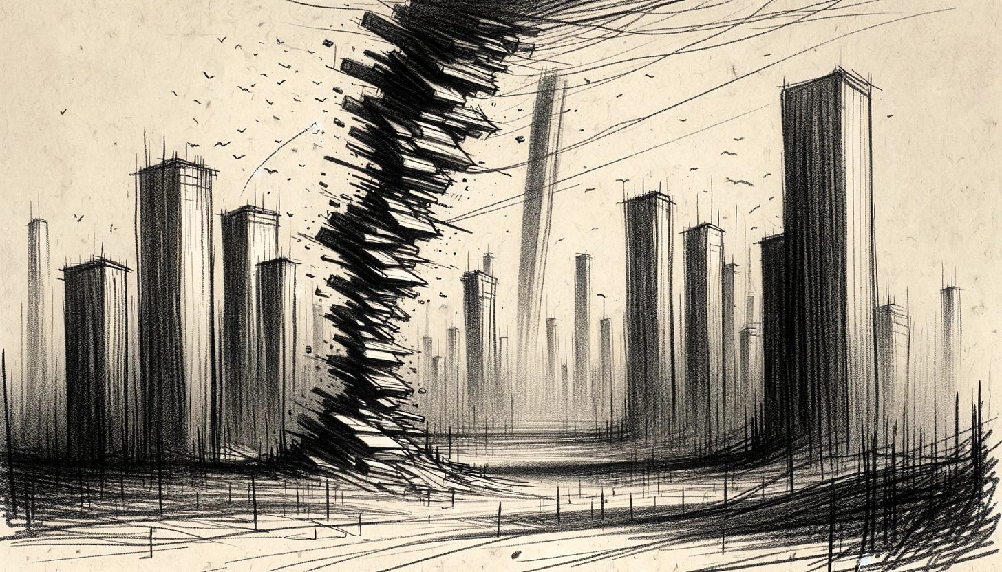 Sketch on heavy paper of a dystopian landscape where the laws of physics are humorously defied. Impossibly tall and slender heaps of garbage sway precariously, almost comically, as if mocking gravity. Buildings are redrawn to the point of blending into the grainy background, signifying relentless change. In stark contrast, a city of the future is depicted in the distance, clear but with a touch of irony, its polished facades shining against the backdrop of scribbles and chaos.