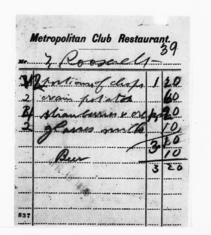 Theodore Roosevelt's receipt from the Metropolitan Club Restaurant