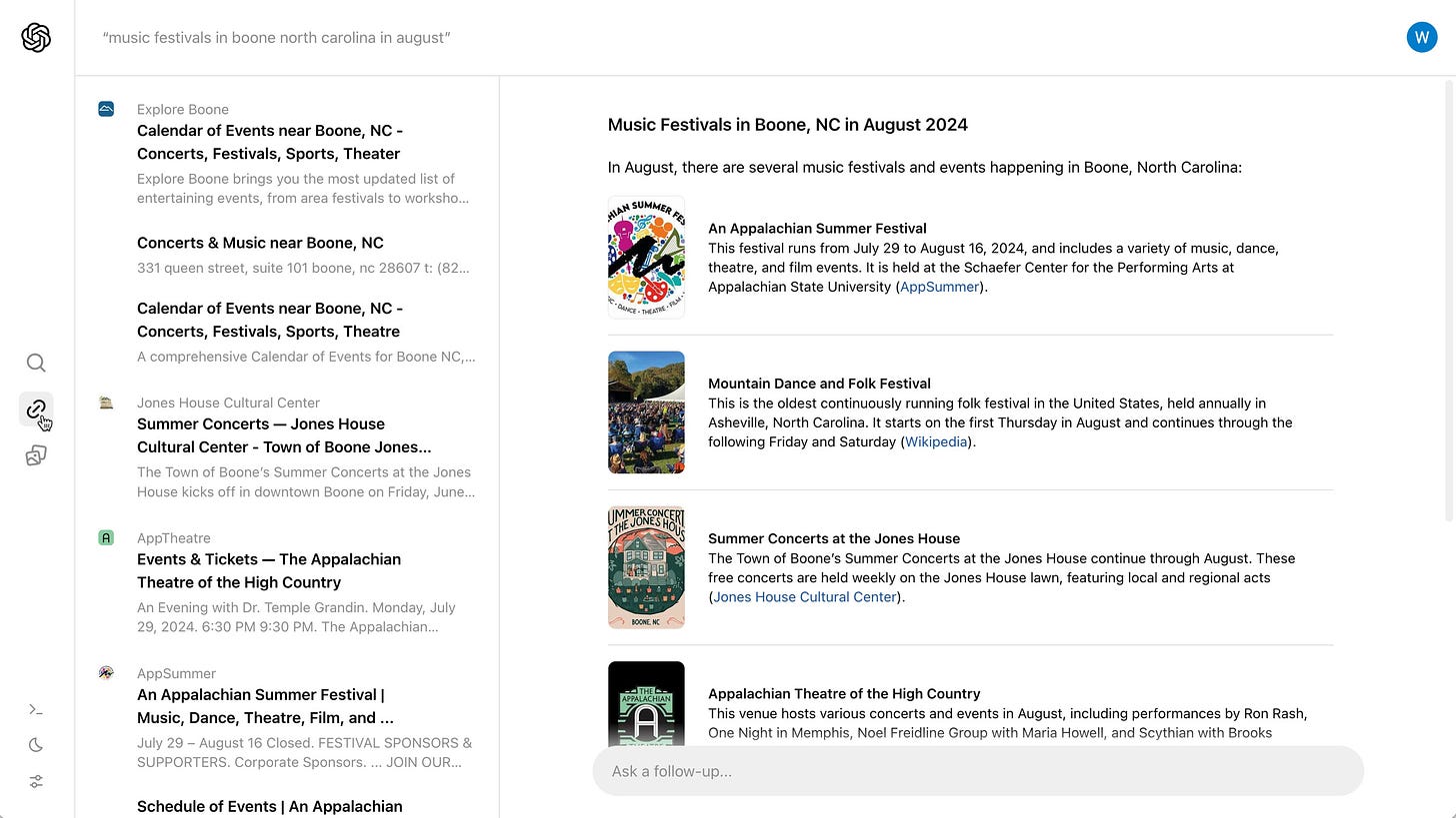 An example of SearchGPT query where the user searches for “music festivals in Boone, North Carolina” in August 2024. The model delivers real time information scraped from the web, including links to sources.