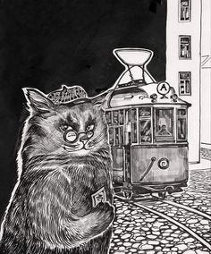 This may contain: a black and white drawing of a cat sitting next to a trolley on the tracks