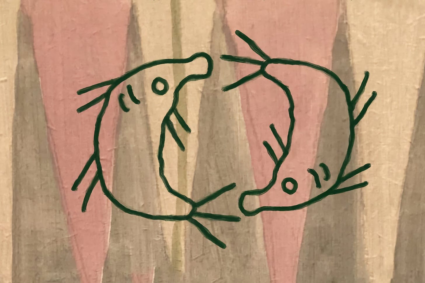  The image depicts a simple and whimsical drawing of two frog-like creatures facing each other, set against a background that appears to be painted with broad, vertical brushstrokes in pink and cream hues. The creatures are outlined in a bold green color with minimal detail, giving them a playful and abstract appearance. This kind of art often evokes a sense of innocence and can be associated with child-like creativity or a free-spirited approach to art-making.