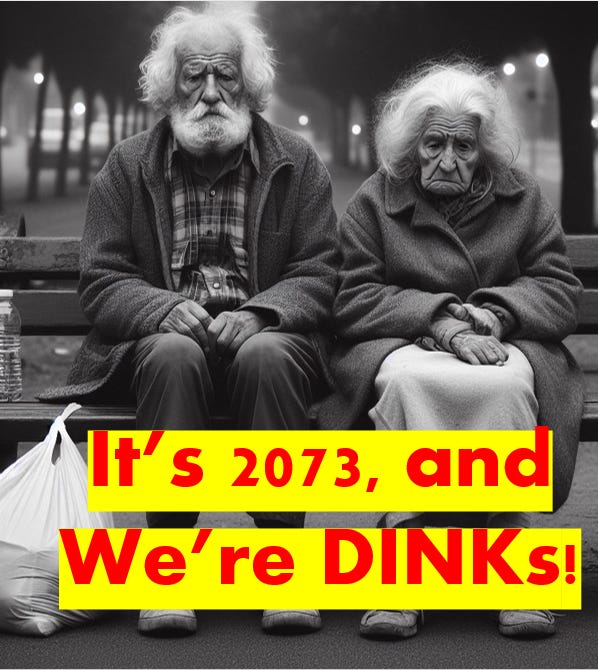 It’s 2073, and we’re still DINKs!!! AI generated image of impverished elderly couple on park bench looking lonely.