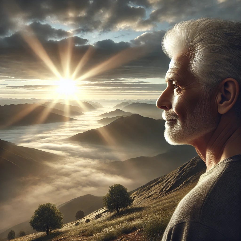 An older person with gray hair standing on a mountaintop at sunrise, gazing over a vast peaceful landscape with sunrays piercing through the mist. Their expression is calm and wise, symbolizing a life of curiosity, questioning, and growth. The scene conveys serenity, perspective, and the quiet strength of humility.