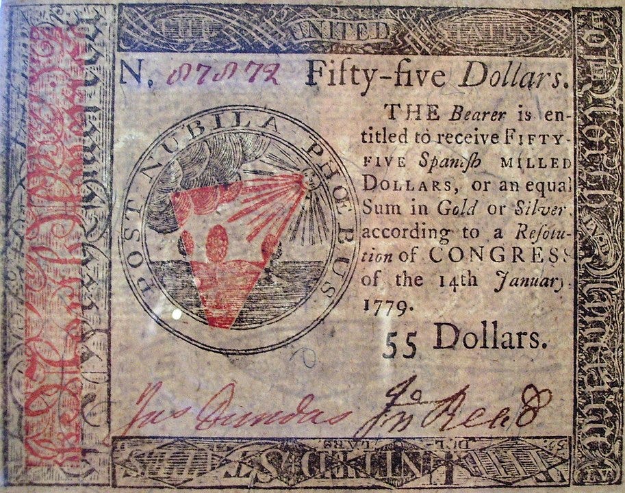 One of the first American banknotes. It indicates that the bearer can receive the equivalent in gold or silver.