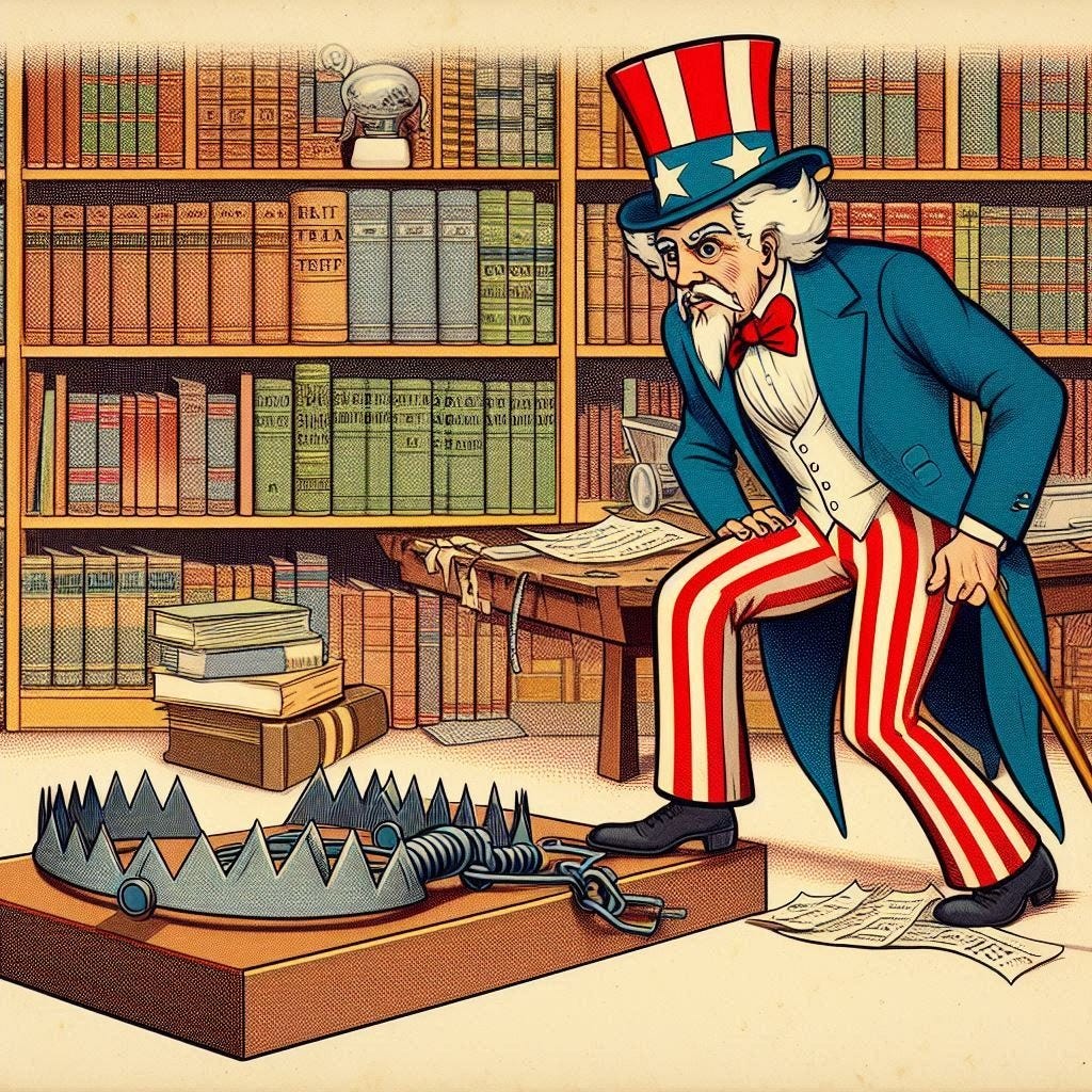 Early 20th century cartoon style uncle sam with his leg caught in a closed bear trap to represent regulatory capture. There should be a library, bookshelf, scrolls, or something representing datasets and knowledge in the background