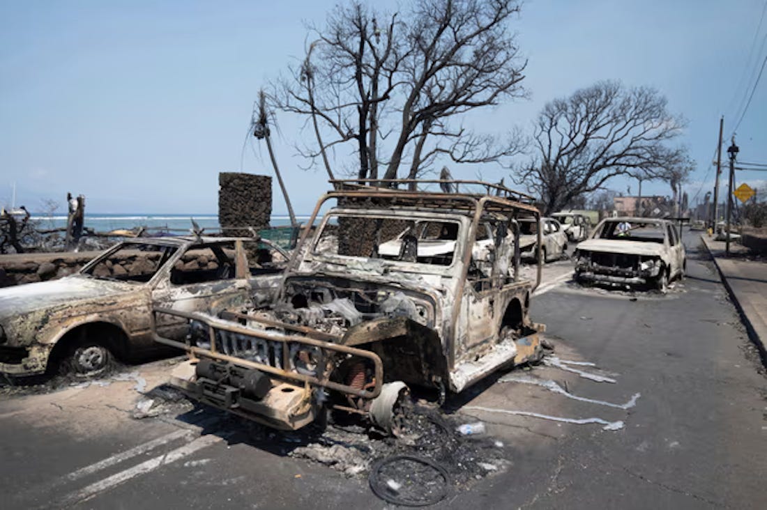 Burned out cars on the road of LaHaina