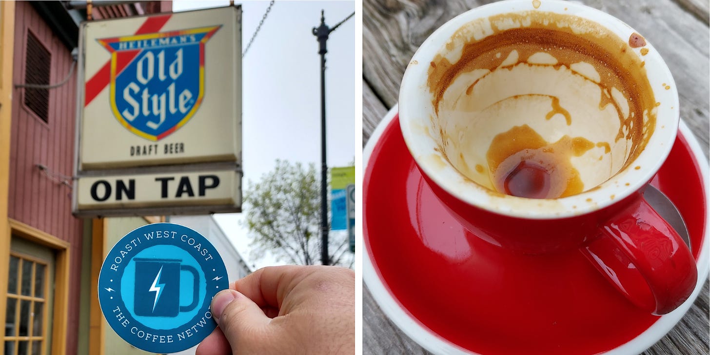 L: Classic Old Style Beer Sign proclaims beer is "ON TAP" hanging outside a corner bar. R: A close-up of the remains of a finished espresso shot pool at the bottom of red ceramic espresso mug on a matching saucer. The mug has a white interior.