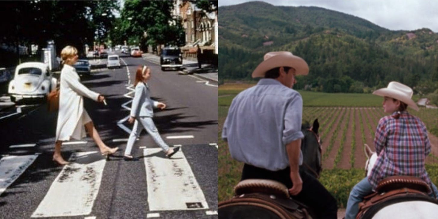 Side by Side from The Parent Trap. Halle and Elizabeth in London and Annie and Nick in Napa Valley.