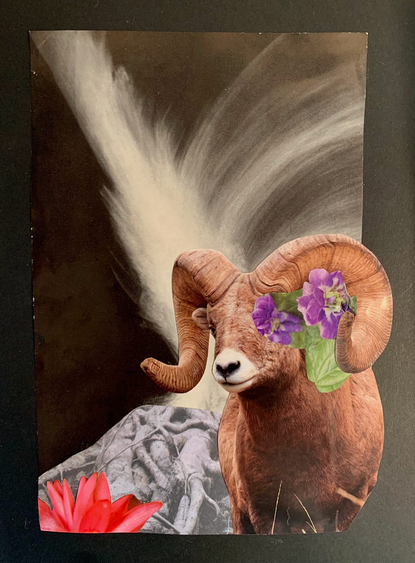 Paper cut collage depicting a bighorn sheep in front of a black and white image of a fire. The fire is situated above a set of roots and purple violets obscure the sheep's left eye.