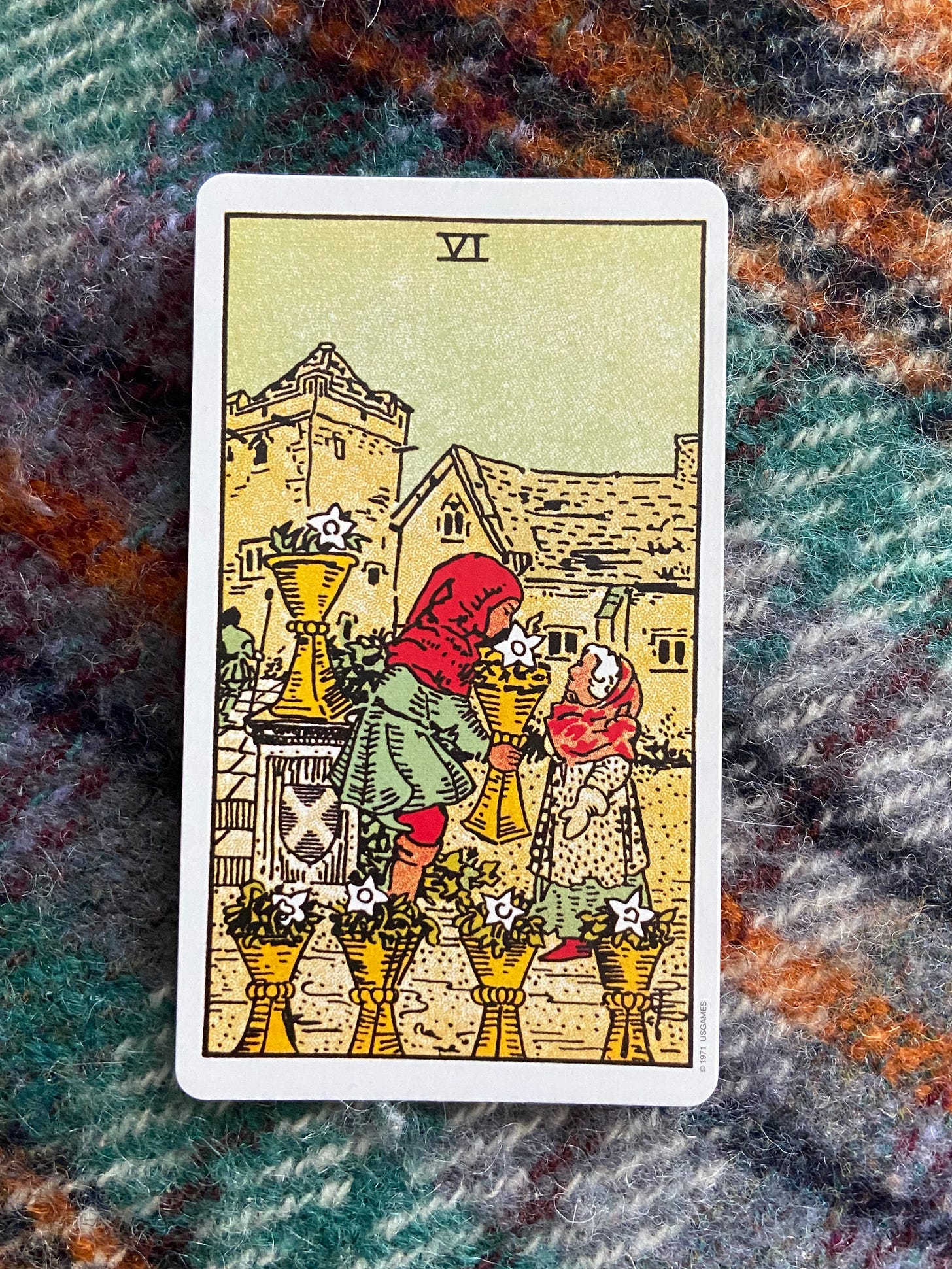 The six of cups tarot card shows a boy in a red hood giving a pot of flowers to a smaller woman, the pair are surrounded by pots of flowers