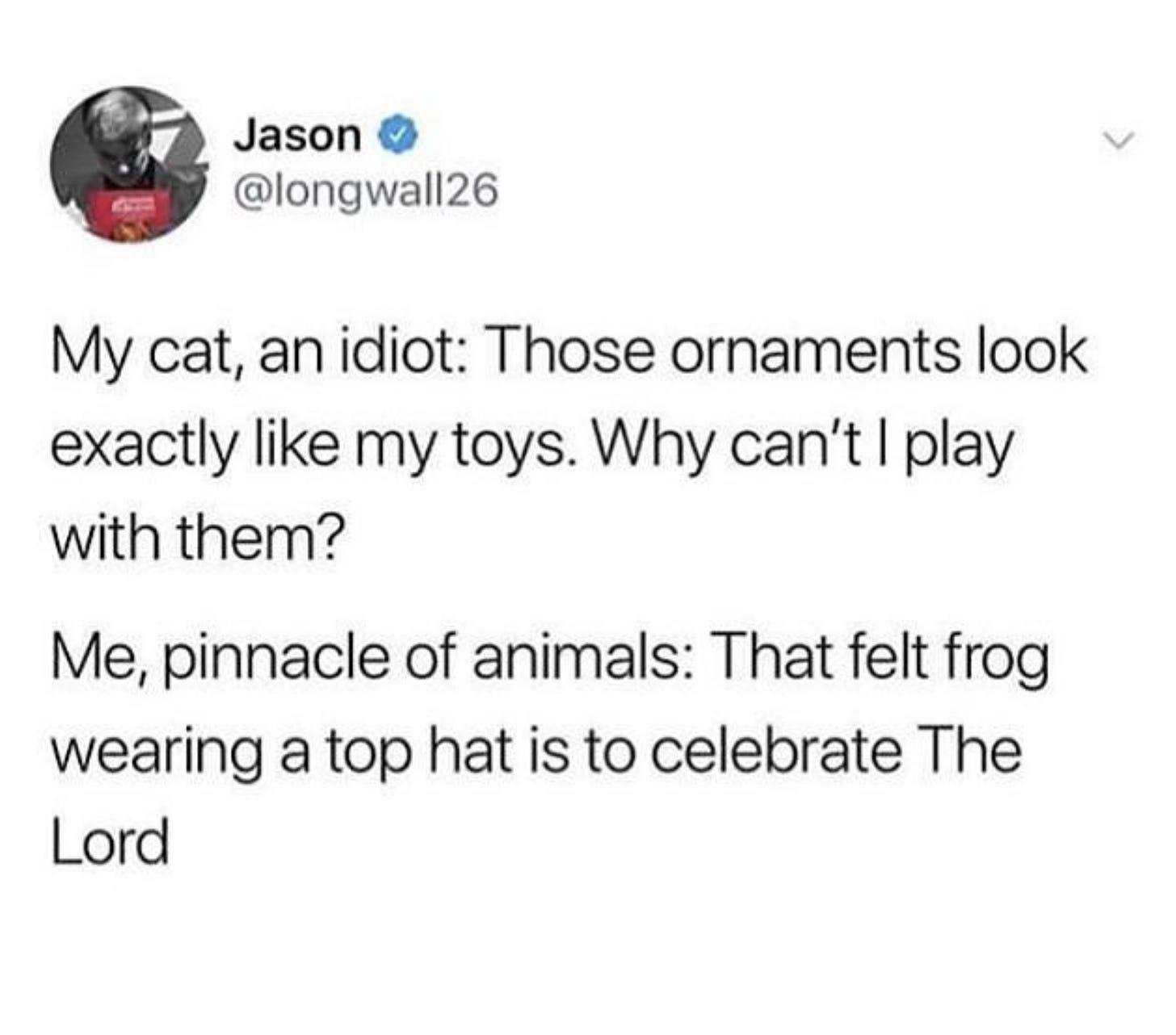 my cat, an idiot: Those ornaments look exactly likemy toys. Why can't I play with them? Me, pinnacle of animals: That felt frog wearing a top hat is to celebrate The Lord. [a tweet]