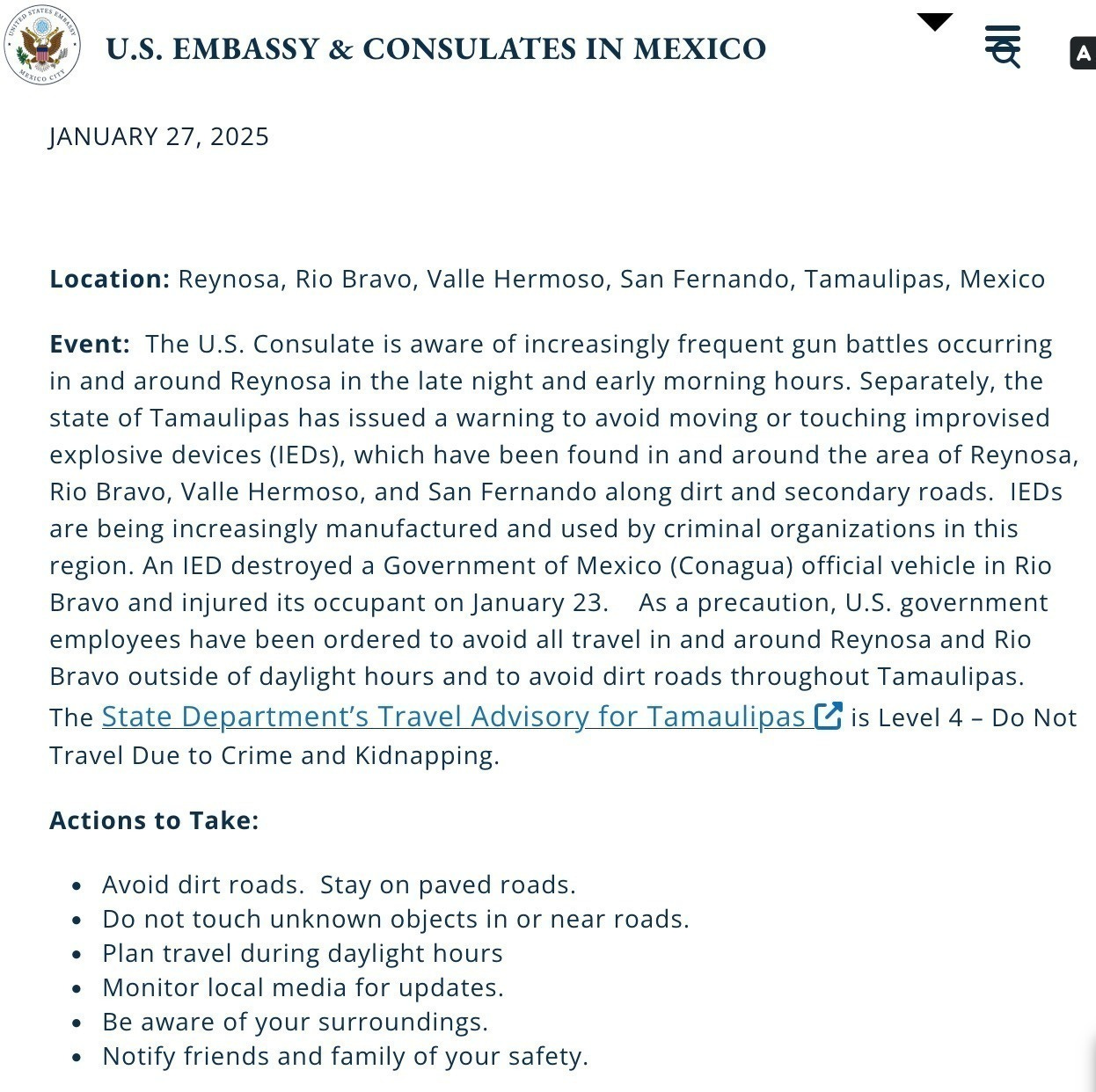 Roadside bombs prompted the US State Department to advise citizens not to cross over into or travel through the Mexican State of Tamaulipas.