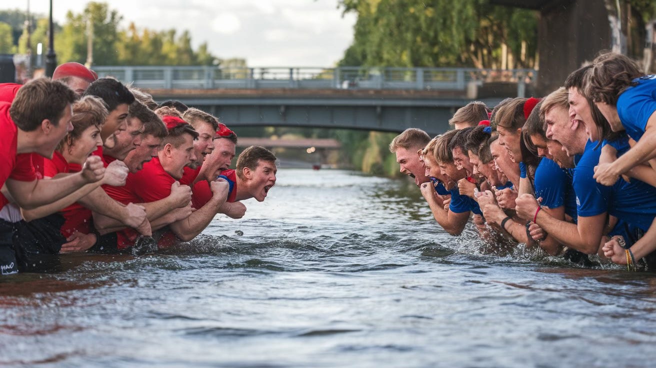 Two groups of people shouting angrily across a river at each. One side is dressed in red, the other in blue.