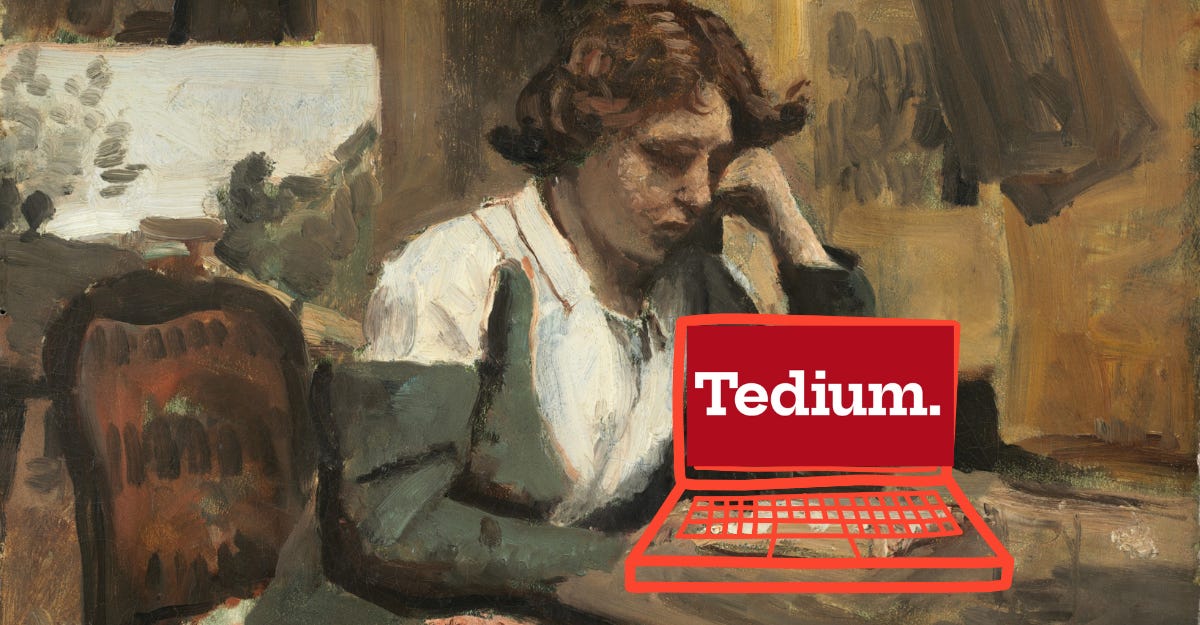 oil painting of a woman sitting at a table reading, book is covered by a badly photoshopped drawing of a laptop with the Tedium blog logo pasted on the laptop screen