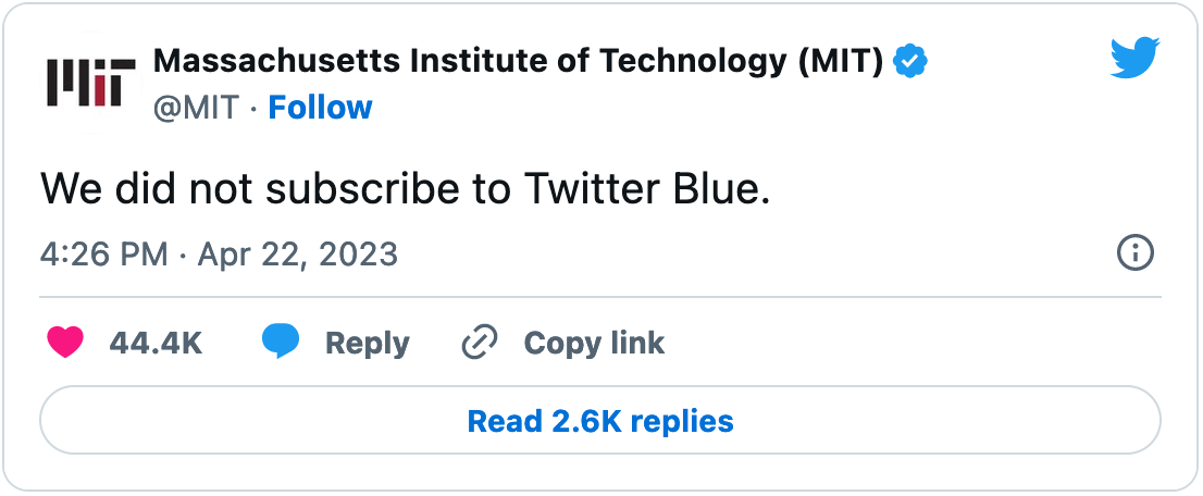 April 22, 2023 tweet from the official MIT account reading "We did not subscribe to Twitter Blue."