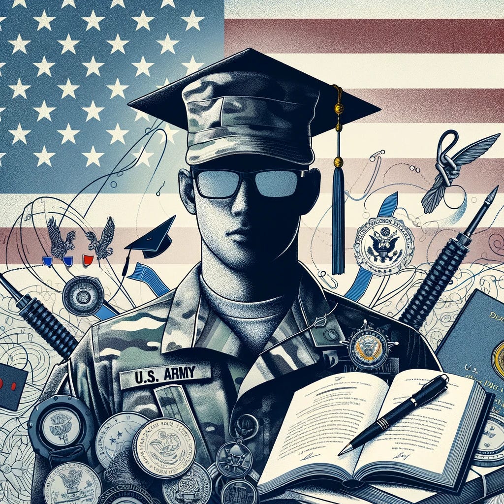A thought-provoking graphic for a substack post titled 'Defining the Benefits of College Education for Enlisted Soldiers'. The image should feature a contrast between soldiers in uniform and academic elements like books, graduation caps, and diplomas. Include symbols of military and academic achievement, such as military medals and academic certificates. The background should subtly incorporate elements of the U.S. Army, like a faint flag or emblem, to tie in the military theme. The overall composition should convey the theme of combining military service with academic pursuits.