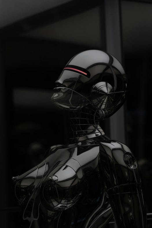 Image of a black metallic female robot.