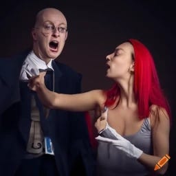 woman yelling down at a magician, who is on his knees