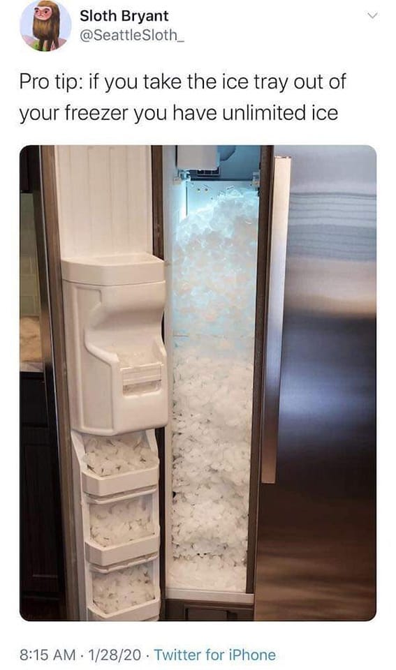 May be an image of text that says 'Sloth Bryant @SeattleSloth_ Pro tip: if you take the ice tray out of your freezer you have unlimited ice 8:15 AM. 1/28/20 Twitter for iPhone'