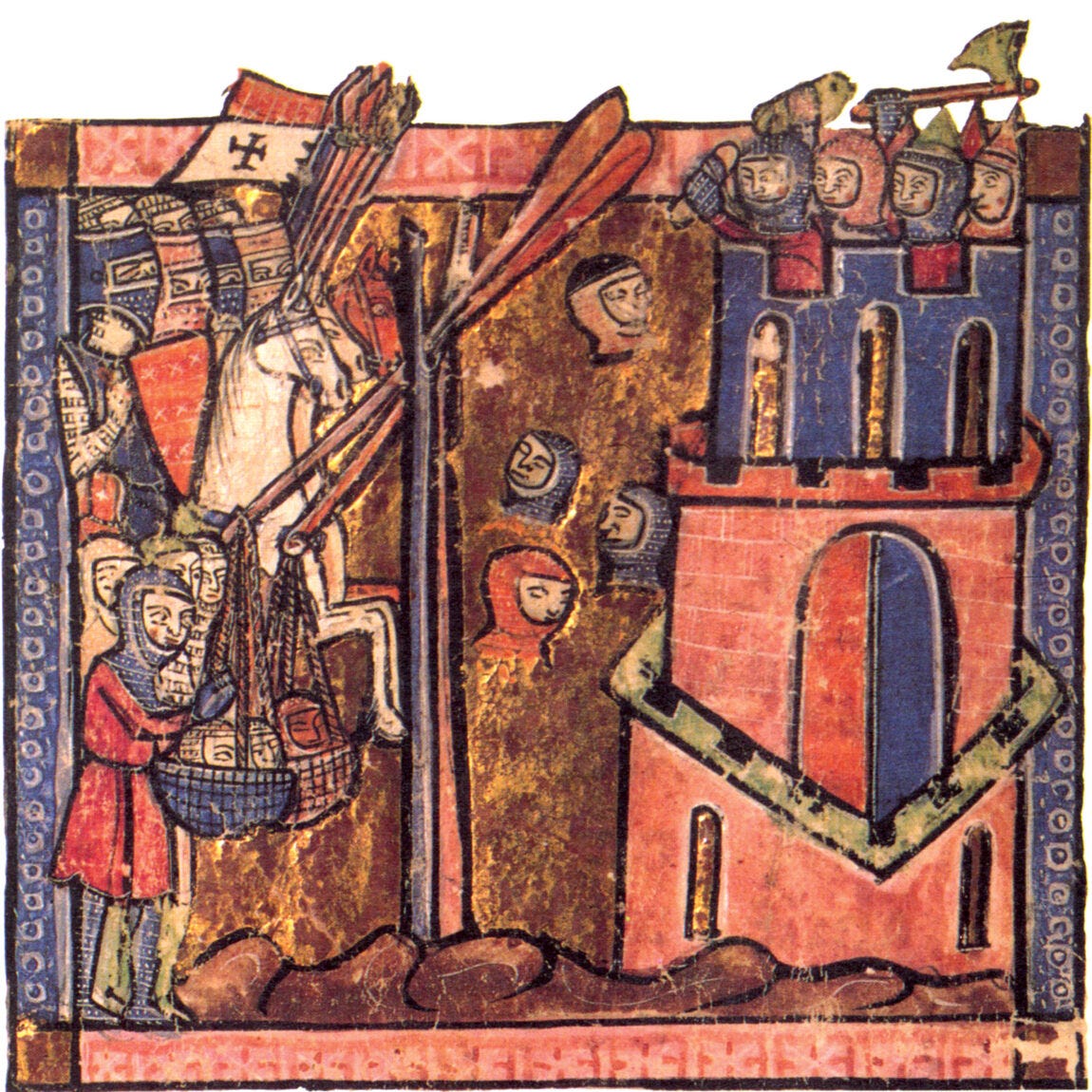 Frankish forces fire severed heads from trebuchets at the Seljuk garrison during the siege of Nicea in an image form William of Tyre's chronicle. Sultan Kilij Arslan I tried to lift the siege but failed.
