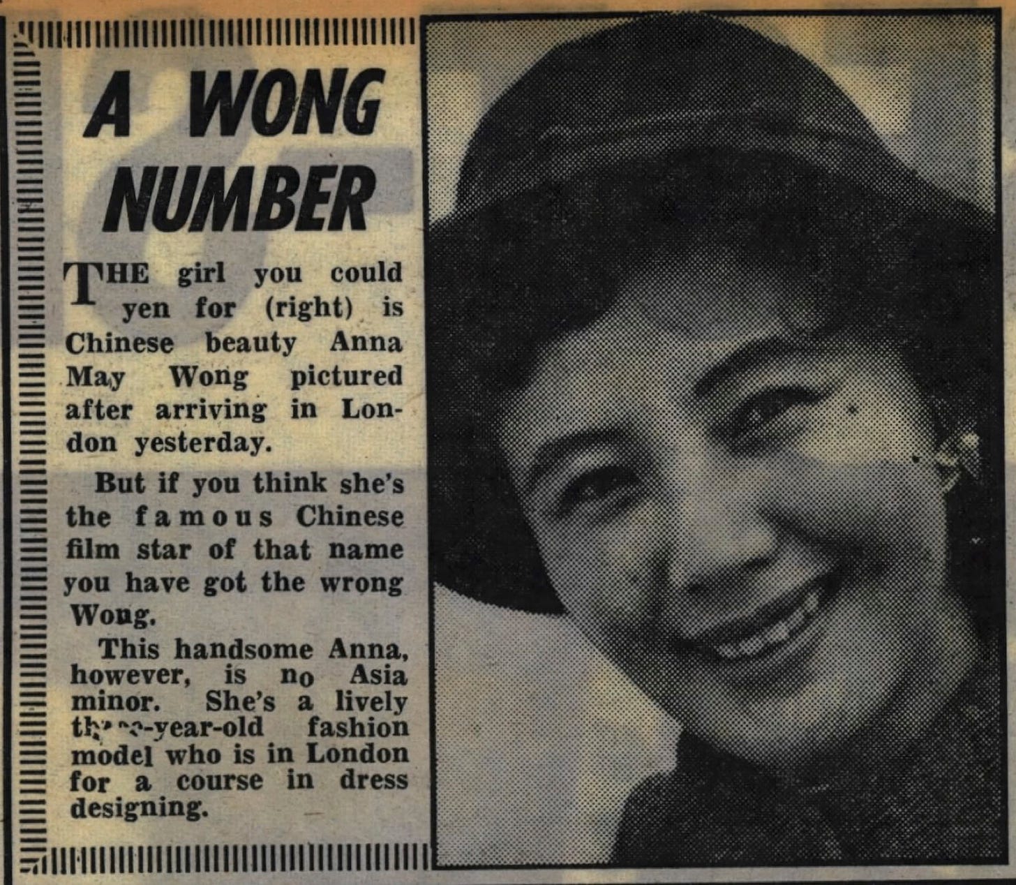 clipping announces the Malaysian Anna May Wong's arrival in London to study dress designing and mentions she shares her name with the actress