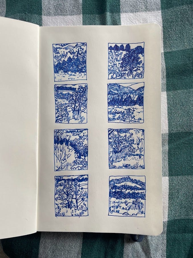 Image 1: a page with eight small blue ink drawings of Colorado landscape, showing forms based on trees, mountains, grass, water, and sky.