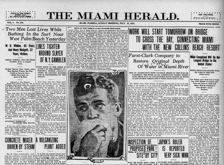 Front page of the Miami Herald on July 21, 1912.