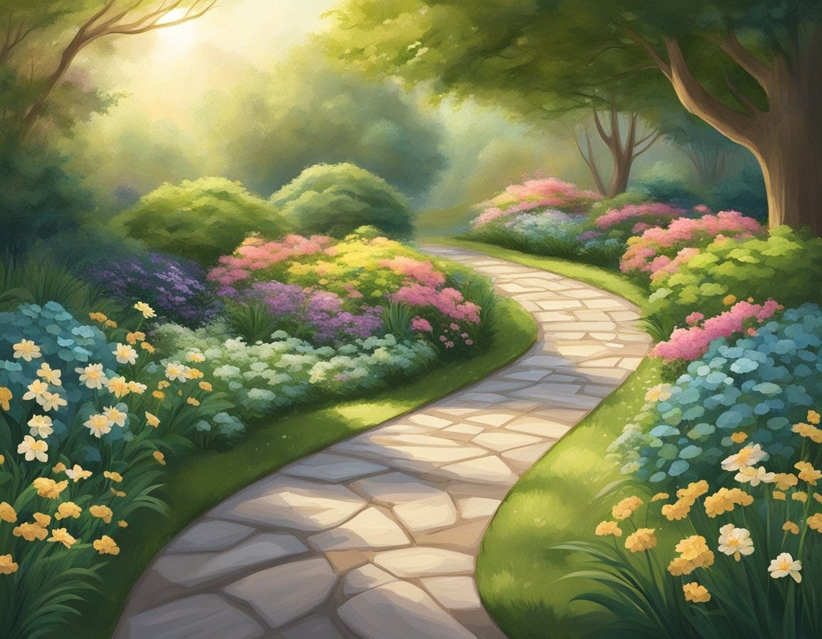 A serene garden with a winding path leading to a radiant, ethereal light. Lush greenery and blooming flowers symbolize growth and renewal