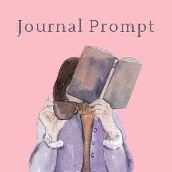 Woman drinking coffee and holding a book up to her face. Above her the words "Journal Prompt"