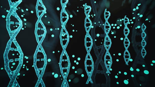 dna strands are arranged next to each other with decreasing size on a dark background - genetherapy bildbanksfoton och bilder