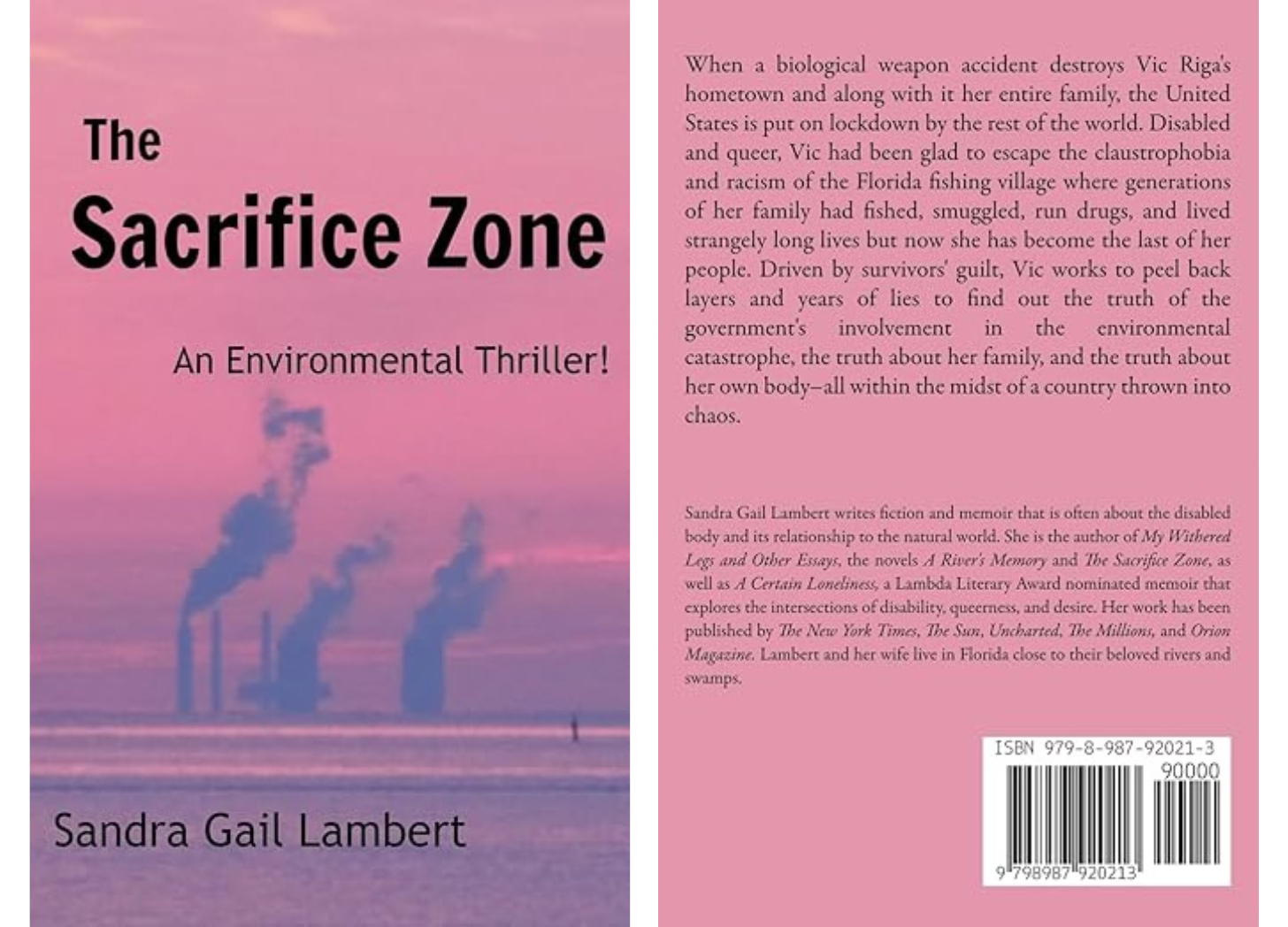 Front and back covers of a book The Sacrifice Zone by Sandra Gail Lambert. The cover background is a pink sky at sunset over pink tinged waters with a wavery view of power plant stacks spewing smoke in the distance. 