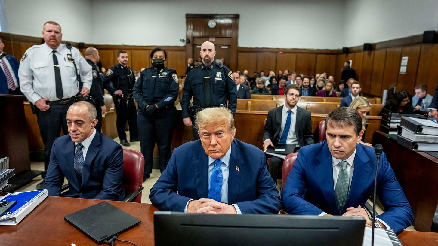 Former President Donald Trump appears at Manhattan criminal court before his trial in New York, Friday, April 26, 2024. (Mark Peterson/Pool Photo via AP)