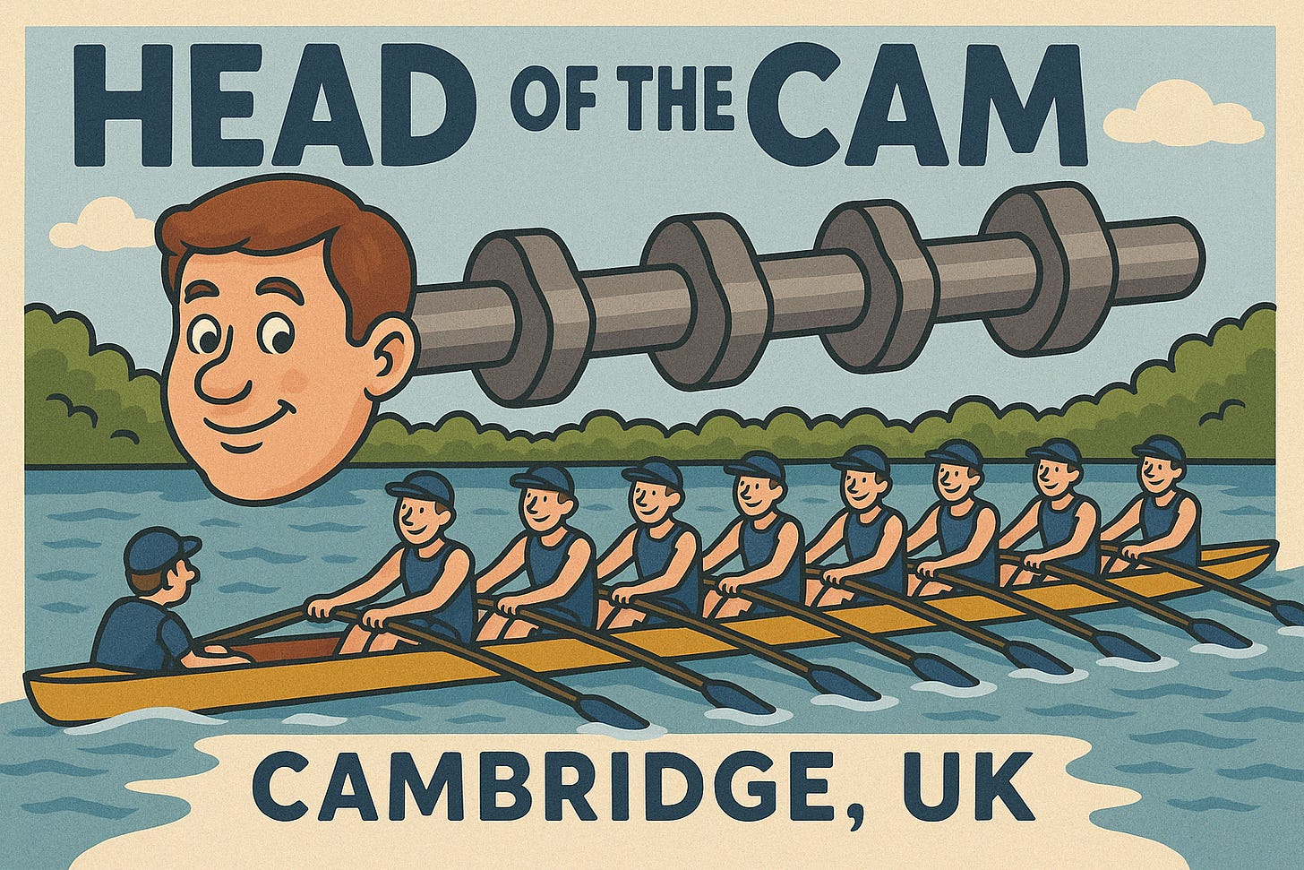 An image showing a rowing boat below a head on the end of a camshaft