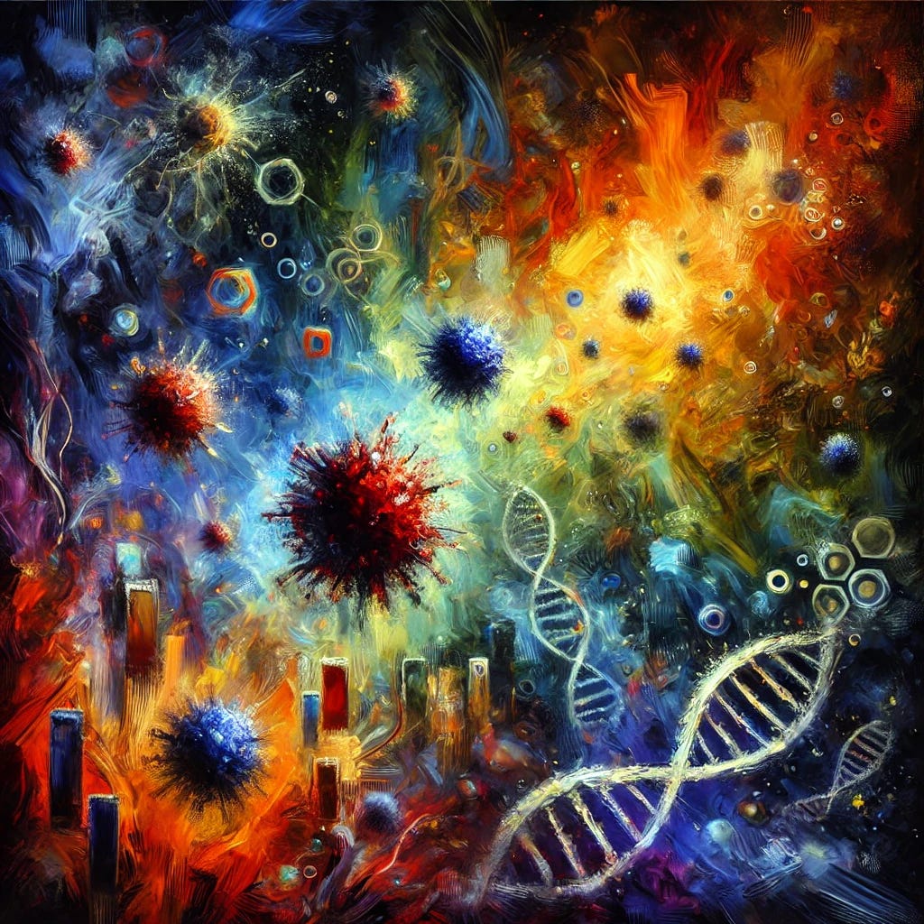 A vibrant square image styled as an oil painting with expressive strokes and rich, bold colors. The image focuses on abstract depictions of viruses and virology, with viral structures like RNA strands and cell-like shapes being prominent. The colors should evoke a sense of mystery and tension, using dark, ominous hues to represent the corrupt nature of virology, contrasted with some bright, energetic tones to symbolize the pursuit of truth. The scene should feel dynamic, intense, and centered on the microscopic world, without featuring humans or text.