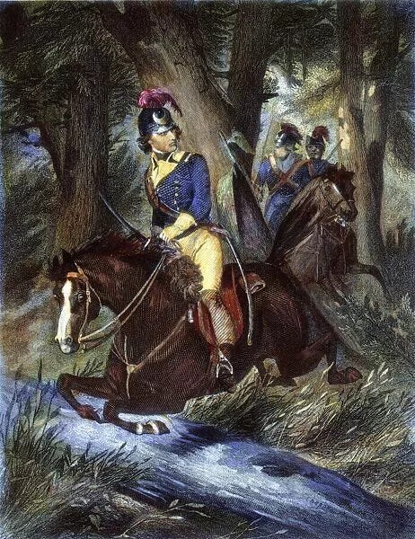leading his militia troops through a South Carolina forest: colored engraving, 19th century