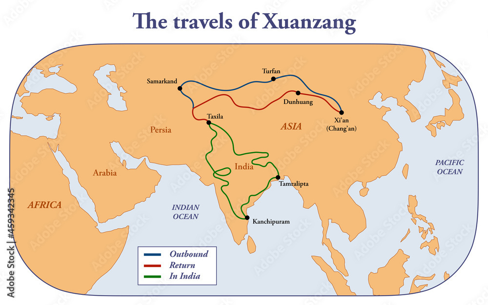 Ilustración de Stock Map of the voyages of Chinese traveler Xuanzang |  Adobe Stock