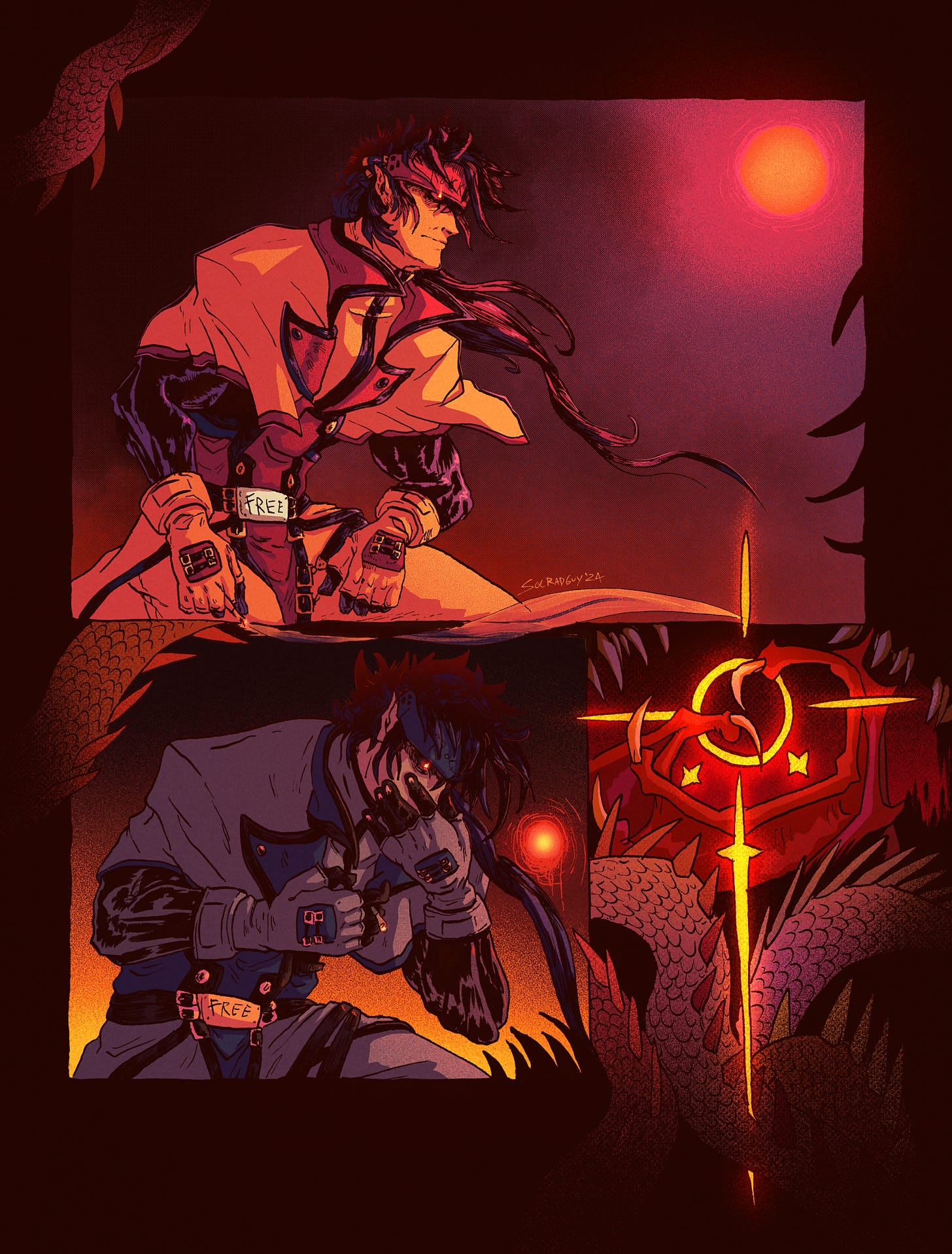 A brightly colored and textured mixed analog and digital media illustration. The top panel has Order Sol looking off into the dark sunset while a cigarette burns in his hand. Below this is a smaller panel where the sky has darkened and his palette has become blue. His eyes are wide and his expression tense or anxious. The composition is framed by thorny dragon tails and spikes.