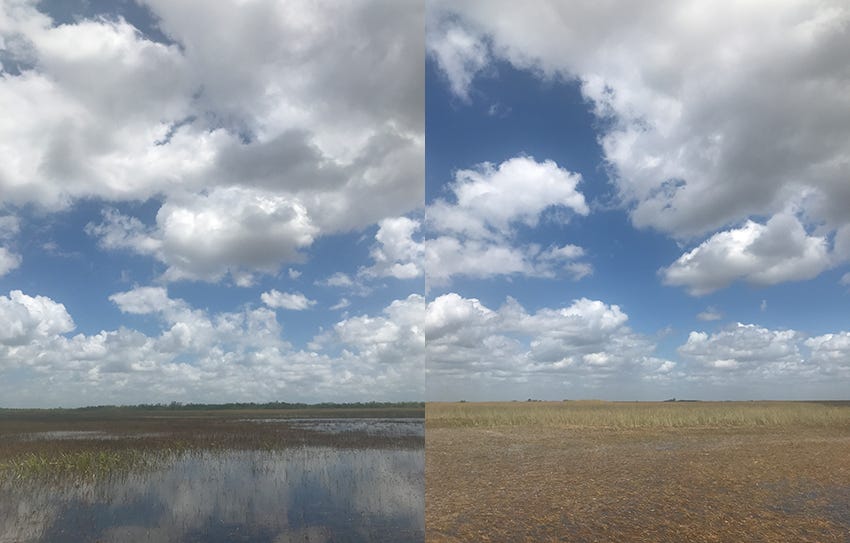 Two side by side photos, each vertical format, of a big sky with white clouds over a plain of grass and water, in the Florida Everglades