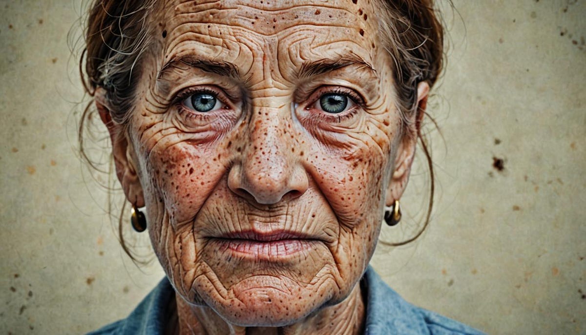 Close up of older woman’s face, wrinkled and freckled