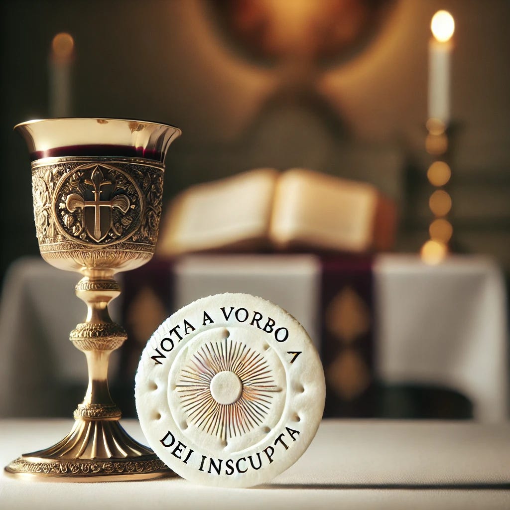 An image of the Eucharist, focusing on a communion wafer and chalice of wine. The communion wafer is inscribed with the Latin phrase 'Nota a Verbo Dei Insculpta'. The setting is a simple altar with a white cloth, adorned with a single candle on each side. The background is softly lit, highlighting the sacred atmosphere.